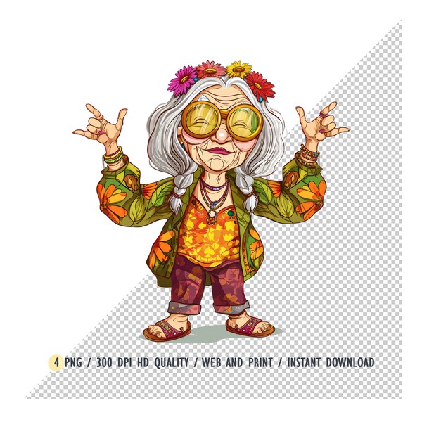 Funny Old Ladies PNG, Old Funny Ladys Hippie Clipart, Grandmother Hippie Watercolor, Cute happy elderly lady,Bohemian style, Sublimation