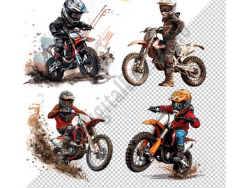 May include: Four illustrations of motocross riders on dirt bikes. The riders are wearing helmets and protective gear. The bikes are red, orange, and white. The image includes the text "V.2" and "4 PNG / 300 DPI HD QUALITY / WEB AND PRINT / INSTANT DOWNLOAD."