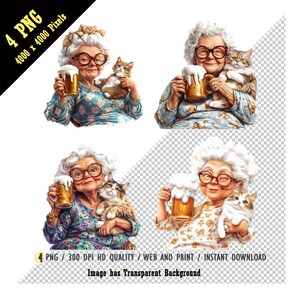 Lustige alte Damen Clipart, elegante verrückte Oma Tag für Tag PNG, alte Damen halten Bierkrug voll mit Schaum, halten flauschige Katze, lustige Oma