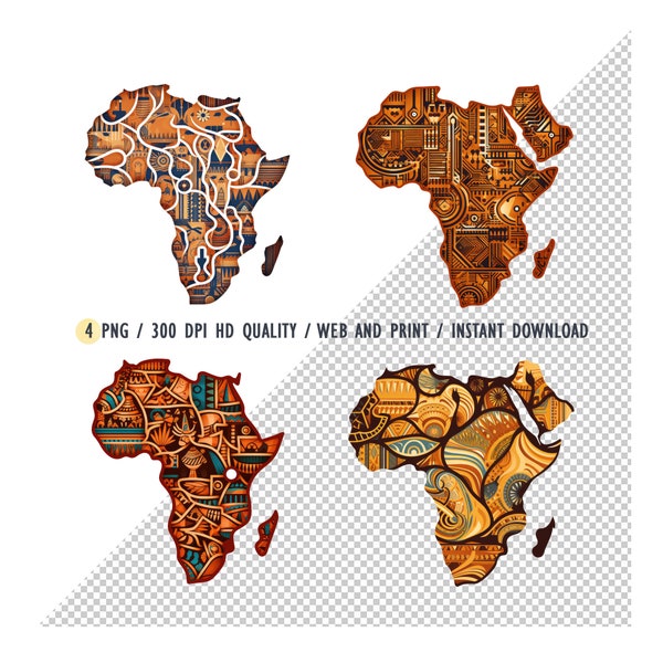 Watercolor Africa MAP Clipart, Africa Map PNG, Watercolor Painting African Map with African, Tribal Pattern, Digital Printable, DIY Projects