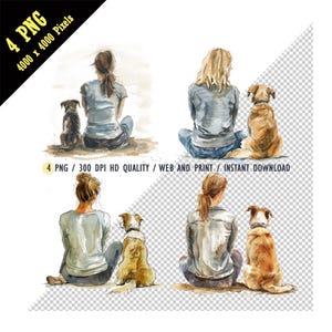 Frau sitzt mit dem Rücken zum Betrachter, neben ihrem Hund, Mädchen umarmt ihren Hund Clipart, Frau umarmt Hund Aquarell PNG, National Haustier Tag