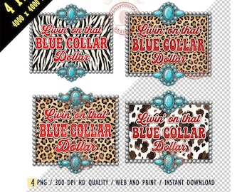 Retro Blue Collar Dollar PNG Digital Download, Cow, Zebra, Leopard Print Western Turquoise Sublimation, Country Western Cowboy, Rodeo