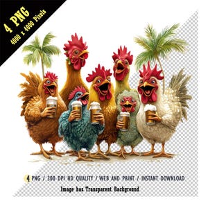 Drôle de poules PNG, mignon poules Dink bière PNG, poulet poussins des cliparts vie à la ferme, poulet lunatique, enterrement de vie de jeune fille, téléchargement immédiat, sublimation