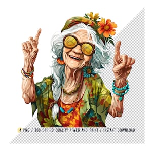 Jolie vieille dame heureuse hippie PNG, drôle vieilles dames Clipart, aquarelle grand-mère, jolie dame âgée heureuse, style Boho, sublimation