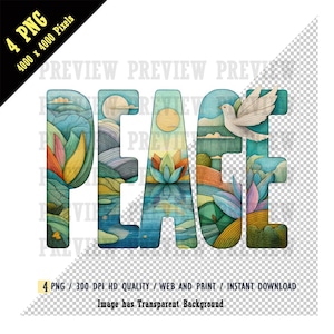 Zacht natuur zacht licht - PEACE PNG, PEACE typografie kunst, digitale download, lotusbloem, dove Gentle Hills Letters, rustgevende volkskunst png