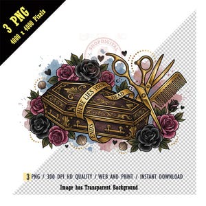 May include: A digital illustration featuring a coffin with the text "HERE LIES YOUR DEAD ENDS" on a banner. Gold scissors and a comb are placed next to the coffin, surrounded by black and pink roses.