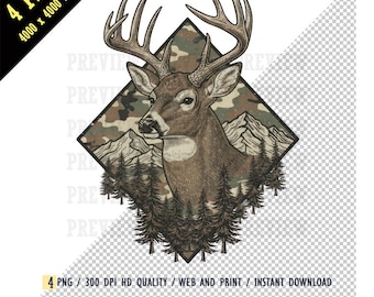 Camo Deer Hunting Buck PNG, Whitetail Antlers, Distressed Deer, Camouflage Diamond Sublimation Art, Deer Head Vintage, File for Hunter Gift