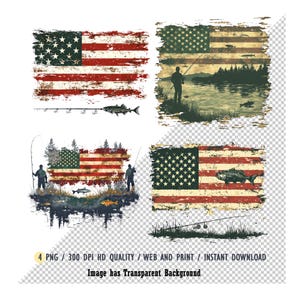 May include: Four digital images of a distressed American flag with a fishing scene. The flag is in red, white, and blue with a distressed, vintage look. The fishing scene includes a silhouette of a person fishing with a rod and reel. The images are on a transparent background.