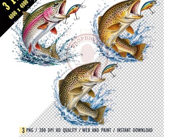 Leaping Rainbow Trout PNG, Vintage Fishing Lure Clipart,Watercolor Fish Digital Download,Angler T-Shirt Graphic,Salmo marmoratus,Sublimation