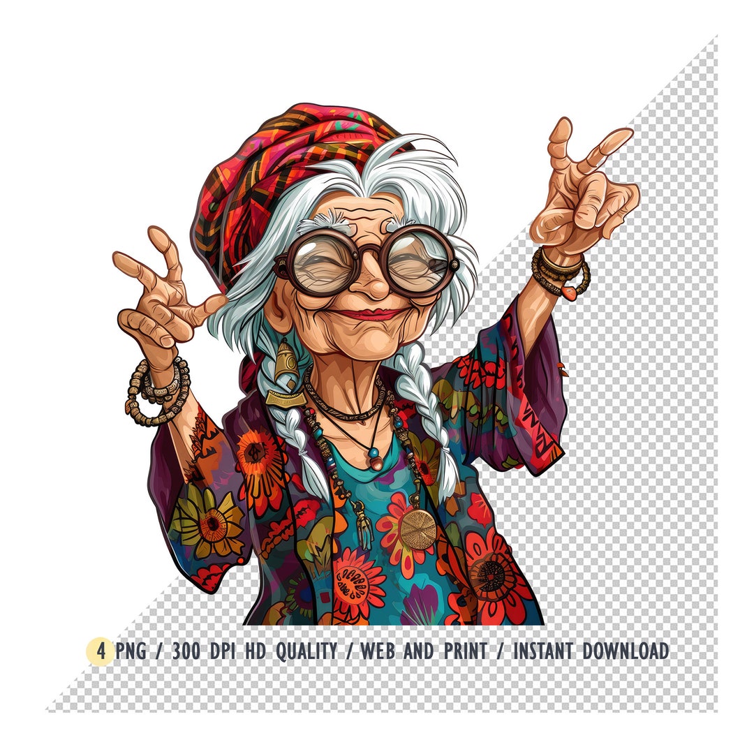 Old Funny Lady Hippie PNG, Lady Hippie Clipart, Granny, Grandmother ...