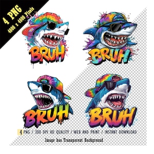 Bruh shirtontwerpen, haaienshirt png, shirtsublimatie, haaienscherpe tanden, zwarte zonnebril, kleurrijke tie-dye snapback-hoed, jaren 90 sfeer, clipart