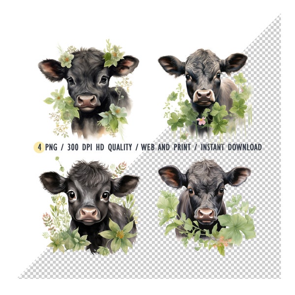 Baby Black Angus Calf Watercolor,Pale Pastel Watercolor,Black Angus Cow PNG,Flowers and Green Leaves,Sublimation Design,Clipart Bundle