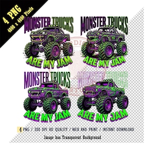 May include: Four digital designs featuring monster trucks in purple and green. Each truck has large tires and a menacing design, with the text "MONSTER TRUCKS" and "ARE MY JAM" in bold fonts. The image includes details about the file format and quality.