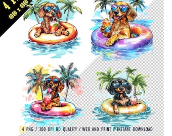 Cute Dachshund Wearing Sunglasses and Drinking Cocktail Clipart, Dog Sitting on an inflatable Ring in the Sea with Palm Trees, Summer, PNG