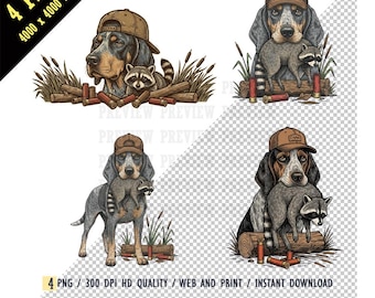 Bluetick Coonhound PNG, Vintage Hunting Dog Sublimation, Raccoon Hunter Shirt Design, Rustic Woodcut Animal Clipart, Digital Download