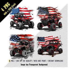 May include: Four digital illustrations of red off-road vehicles with black accents, each with an American flag behind it. The flags are stylised with a watercolour effect and have a white background.