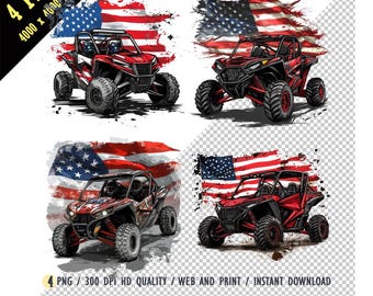 May include: Four digital illustrations of red off-road vehicles with black accents, each with an American flag behind it. The flags are stylized with a watercolor effect and have a white background.