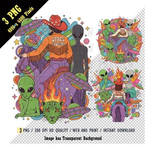 Space Cowgirl PNG, Western Aesthetic Sublimation, Retro Groovy 70s Alien UFO Clipart, Funky Sci-Fi Clipart, Groovy ufo for DIY Projects