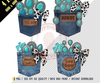 Western Yee Haw Denim Pocket PNG Sublimation Design, Turquoise Concho Jewelry & Cow Print Bow, Boho Cowgirl Digital Download for T-Shirts