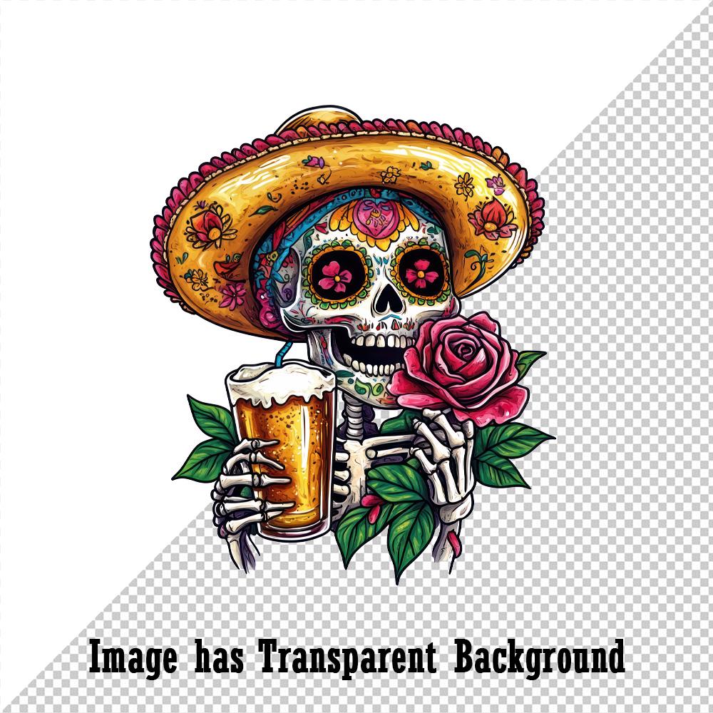 Colorful Sugar Skull With Sombrero Drinking Beer Holding a