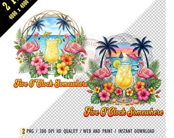 Flamingo Cocktail Sublimation PNG, Five OClock Somewhere Digital Download, Tropical Summer PNG for Tumblers, Retro Beach Graphic Design