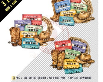 Cowboy Country Music Sublimation PNG, Retro Cassette Tape Western Watercolor Clipart, 90s Country, Instant Digital Download Trendy Shirts