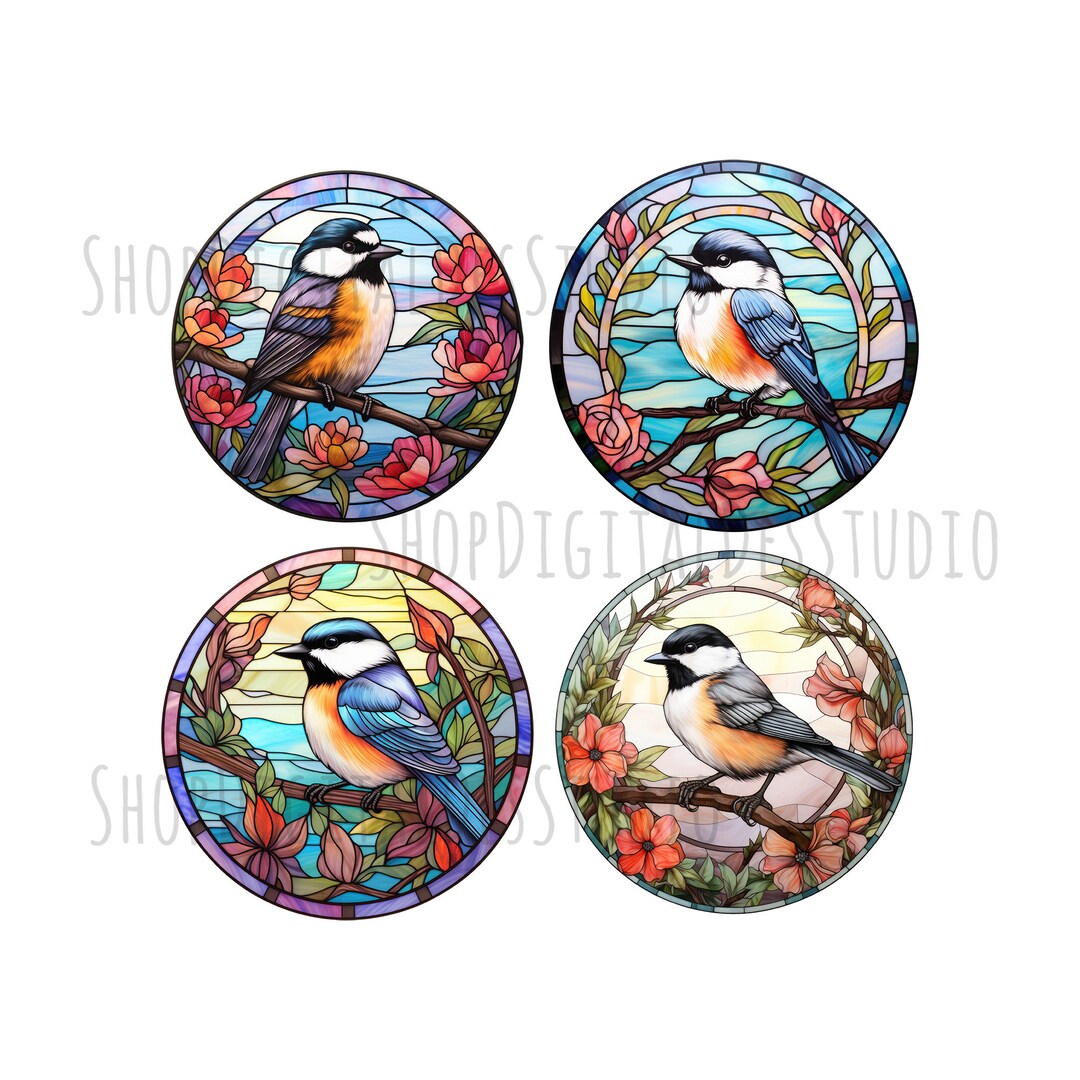 Stained Glass Chickadee, 4 High Quality PNG, Colorful Chickadee Stained