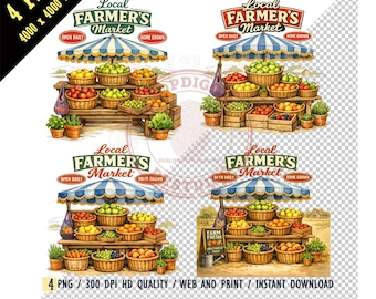 Farmer's Market, Watercolor PNG, Sublimation, PNG, Digital Download, T-Shirt Design, and Vintage Farm Theme, Homegrown Fruit Vegetable
