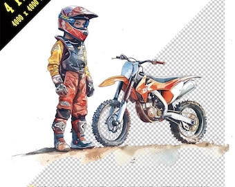 Watercolor Dirt Bike Kids, Dirt Bike Kid, Cute kid in racing gear standing next to dirt bike, Motocross, Off road, Motocross Boy,Clipart PNG