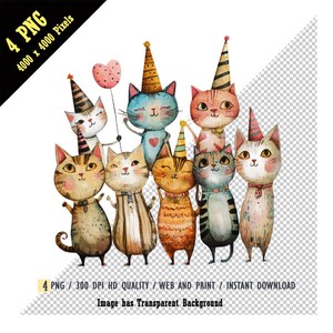 Skurrile Crazy Party Meow Gesellschaft Clipart, schrullige Katzen Charaktere, Mixed Media Katzen, Junk Journal Art, lustig, T-Shirts DIY Projekte, PNG