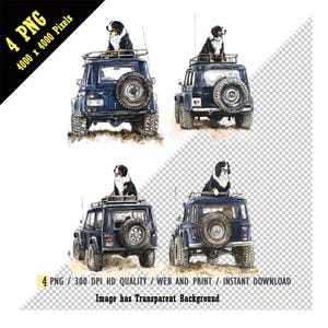 Aquarell 4x4 Off-Road PNG, Oben auf dem Fahrzeug sitzender Berner Sennenhund, Abenteuerreisen im Freien, Campingleben, Naturliebhaber, Wandern