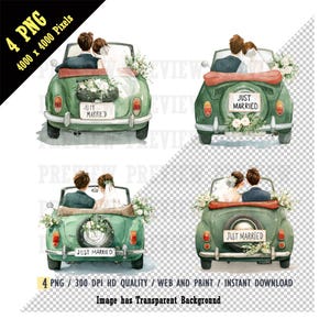 Just Married aquarelle PNG, voiture décapotable verte vintage Just Married, Couple de jeunes mariés, bouquets de fleurs, mariage romantique, célébration