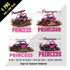 May include: Four PNG images featuring pink off-road vehicles splashing through mud. Each image includes the word "Passenger" and "Princess" in pink text. The images are labeled as 4000 x 4000 pixels.