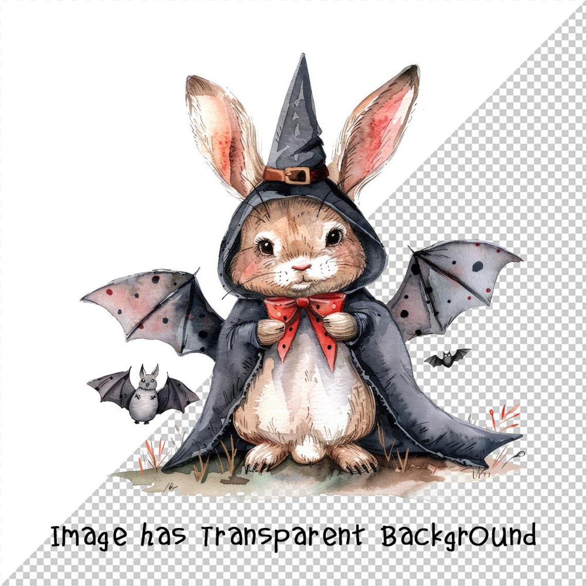 Colorful Watercolor Painting of Rabbit in Vampire Costume With Tiny Bat ...