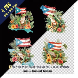 Aquarelle vibrante verte coquí grenouille drapeau portoricain PNG, palmiers tropicaux, monstera, hibiscus, fleurs, congas, guitare, sublimation