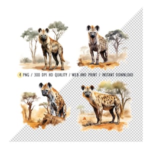 Clipart de aquarela Hiena Animais, Árvores de acácia Hiena PNG, Clipart de cachorro selvagem, Pacote de clipart de hiena, PNGs de alta qualidade, Sublimação, Pacote de clipart