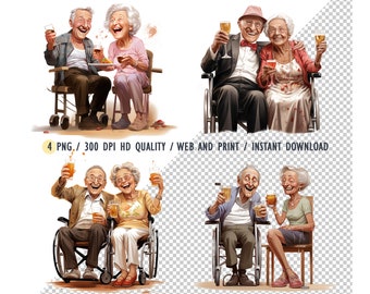 Homme de 90 ans en fauteuil roulant buvant de la bière avec vieille dame Clipart, grand-père et grand-mère boivent de la bière PNG, téléchargements numériques, créatif, sublimation