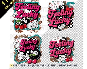 Feeling Lucky Western Sublimation, Turquoise Concho PNG, Lucky Girl Aesthetic, 70s Groovy Casino Art, Checkerboard Aces & 8 Ball, Lucky Girl