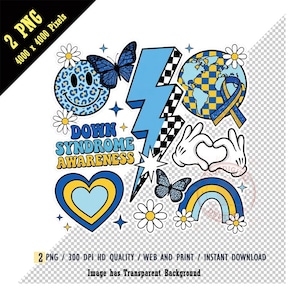May include: A design featuring blue and yellow graphics, such as a smiley face, butterflies, a lightning bolt, a globe, a heart, and a rainbow. The words "DOWN SYNDROME AWARENESS" are displayed. The image has a transparent background.