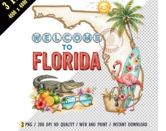 Vintage Florida Sublimation PNG, Retro Neon Sign Art, Tropical State Digital Download for Shirts & Crafts, Beach Flamingo Alligator Digital