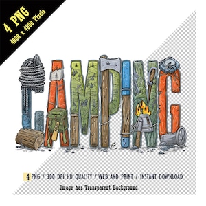 CAMPING équipement activités typographie PNG, art de la lettre d'aventure en plein air rétro, équipement de camping hache, boussole, carte, guimauve, tente art de camping-car