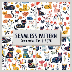 Chats espiègles, motif sans couture dans le style de l'art populaire scandinave, motifs répétitifs, chats scandinaves, vifs et fantaisistes, enfant