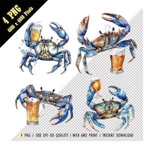 Watercolor Blue Crab Holding Beer Glass Clipart,Blue Crab Drinking Beer,Transparent PNG,Printable Ocean Themed,Digital Clip Art, Sublimation