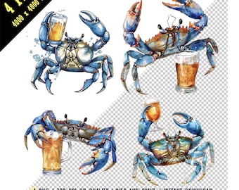 Clipart acquerello di granchio blu che tiene un bicchiere di birra, granchio blu che beve birra, PNG trasparente, stampabile a tema oceano, clipart digitale, sublimazione