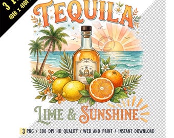 Tequila Lime & Sunshine PNG, Funny Vintage Beach Summer Sublimation, Watercolor Cocktail Margarita Graphic Digital Download, Retro Drink