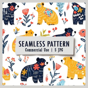 Schattig kawaiibeer naadloos patroon, illustratie van speelse beerstijl Scandinavische volkskunst, kleurrijke bloemmotieven, schattige beer naadloos bestand