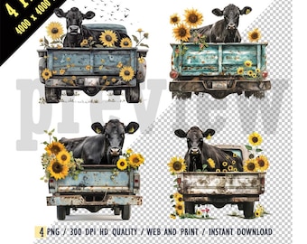 Retro Black Angus Cow Sitting in a Back of Old Sunflowers Truck, Black Angus Cow, PNG Transparent, Instant Download DIY Crafts & Designs
