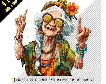 Cute Old Happy Lady Hippie PNG, Funny Old Ladies Clipart, Grandmother Watercolor, Cute happy elderly lady, Bohemian style, Sublimation