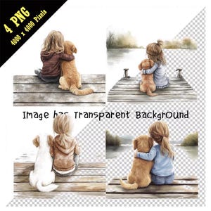Blond meisje knuffelt haar hond Clipart, kind blond meisje knuffelt haar hond zittend op dok PNG kind knuffelt hond aquarel, digitale download