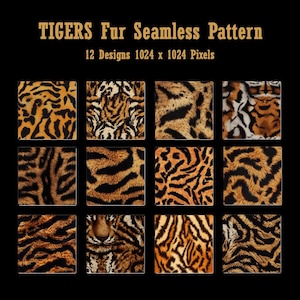 Peut inclure: Douze motifs de fourrure de tigre sans couture dans différentes couleurs et designs. Chaque motif mesure 1024 x 1024 pixels.